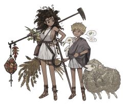 Rule 34 | 1girl, 1other, absurdres, androgynous, arm wrap, bare shoulders, black eyes, blonde hair, breasts, brown hair, child, commentary, curly hair, dark-skinned female, dark skin, dress, food, fruit, gladiator sandals, hand on own hip, hand up, highres, hoe, holding, holding stick, lamb, long hair, looking at another, looking to the side, medium breasts, napal (ve xillum), original, over shoulder, parted lips, sack, sandals, sheep, short hair, sideboob, simple background, smile, speech bubble, spoken animal, spoken object, standing, stick, symbol-only commentary, toga, wheat, white background, white dress