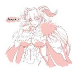 Rule 34 | 1girl, asmodeus (the seven deadly sins), blush, breasts, butter-t, cape, character name, demon girl, finger to mouth, horns, huge breasts, large breasts, long hair, looking at viewer, monochrome, naughty face, simple background, smile, the seven deadly sins, tongue, tongue out, white background