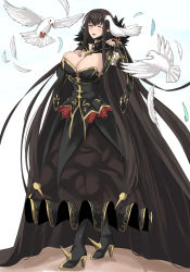 Rule 34 | 1girl, absurdly long hair, bird, black hair, blush, boots, breasts, brown eyes, choker, cleavage, dress, elbow gloves, fate/apocrypha, fate (series), frills, full body, gloves, high heel boots, high heels, highres, large breasts, long hair, one eye closed, open mouth, pointy ears, semiramis (fate), solo, standing, takara joney, very long hair