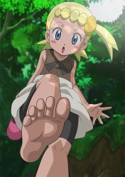 Rule 34 | 1girl, absurdres, barefoot, black shorts, blonde hair, blue eyes, bonnie (pokemon), brown tank top, child, creatures (company), feet, foot focus, forest, game freak, highres, krizeii, mary janes, nature, nintendo, pokemon, pokemon (anime), pokemon xy (anime), shoes, unworn shoes, shorts, shorts under skirt, skirt, soles, solo, surprised, tank top, toes, white skirt