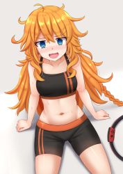 Rule 34 | 1girl, :d, @ @, ahoge, arm support, bare arms, bare shoulders, bike shorts, black shorts, blonde hair, blue eyes, blush, braid, breasts, collarbone, furrowed brow, highres, kazenokaze, long hair, looking at viewer, messy hair, midriff, navel, nijisanji, nintendo switch, nose blush, open mouth, otogibara era, ring fit adventure, shadow, short shorts, shorts, sitting, small breasts, smile, solo, sports bra, sweat, very long hair, virtual youtuber, wavy mouth, white background