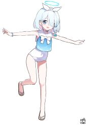 Rule 34 | 1girl, absurdres, adapted costume, arona (blue archive), artist name, blue archive, blue eyes, blue hair, blue halo, choker, colored inner hair, commentary, dated, full body, hair over one eye, halo, highres, multicolored hair, myeolchi, one-piece swimsuit, open mouth, pink hair, sailor collar, sailor one-piece swimsuit, short hair, signature, simple background, smile, solo, swimsuit, swimsuit under clothes, white background, white choker, white one-piece swimsuit, white sailor collar