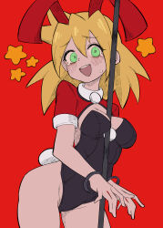 Rule 34 | 1girl, absurdres, animal ears, between breasts, black leotard, blonde hair, blush, breasts, buzzlyears, cowboy shot, cropped jacket, cuffs, fake animal ears, fake tail, green eyes, handcuffs, highres, jacket, leotard, looking at viewer, medium breasts, mega man (series), mega man legends (series), nervous smile, paid reward available, playboy bunny, pole, rabbit ears, rabbit tail, red background, red jacket, restrained, roll caskett (mega man), simple background, smile, solo, star (symbol), stripper pole, tail, tears