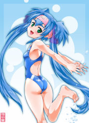 Rule 34 | 1girl, armpits, arms behind back, ass, back, barefoot, blue hair, blush, child, competition swimsuit, feet, flat chest, from behind, green eyes, happy, head tilt, headband, klan klein, leg lift, long hair, looking back, macross, macross frontier, maira gen, meltrandi, one-piece swimsuit, pointy ears, quad tails, short twintails, smile, soles, solo, splashing, swimsuit, twintails, very long hair, water, zentradi