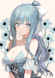 Rule 34 | 1girl, artist name, bare shoulders, blue choker, blue dress, blue eyes, blue flower, blue hair, blush, bow, breasts, brown background, choker, cleavage, collarbone, commentary request, criss-cross halter, dress, eyebrows hidden by hair, floral background, flower, hair bow, halterneck, high ponytail, highres, long hair, looking at viewer, medium breasts, original, parted lips, ponytail, sidelocks, signature, solo, upper body, very long hair, white bow, yadapot