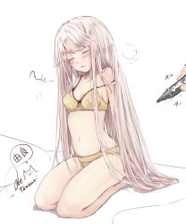 Rule 34 | 10s, 1girl, bare legs, bare shoulders, blush, bra, drooling, hair down, kantai collection, long hair, marker, navel, out of frame, panties, pink hair, rizzl, saliva, seiza, signature, simple background, sitting, sleeping, solo focus, underwear, underwear only, very long hair, white background, yellow bra, yellow panties, yura (kancolle)