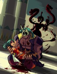 Rule 34 | 1boy, 2girls, aqua hair, argyle, blood, boots, breasts, carrying, cerebella (skullgirls), choker, cleavage, death, detached sleeves, dress, eliza (skullgirls), evil grin, evil smile, eyeshadow, grin, highres, makeup, multiple girls, muscular, personification, pointy footwear, princess carry, shoes, short dress, short ponytail, skullgirls, smile, snake, spoilers, tentacles, thigh boots, thighhighs, torn clothes, vice-versa (skullgirls), wiirdo, yellow eyes