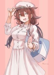 Rule 34 | 1girl, akashi (kancolle), akashi (kancolle) (cosplay), beret, brown eyes, brown hair, cosplay, cowboy shot, dress, hair flaps, hat, highres, kantai collection, long hair, looking at viewer, one eye closed, pink background, shiratsuyu (kancolle), smile, solo, standing, striped, striped background, sugue tettou, white dress, white hat