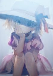Rule 34 | 1girl, ana (mother), aoki (fumomo), bad id, bad pixiv id, blonde hair, blue eyes, closed mouth, dress, hand on own face, hat, hat ribbon, head rest, knees together feet apart, looking at viewer, mother (game), mother 1, nintendo, pink dress, puffy short sleeves, puffy sleeves, red ribbon, ribbon, short hair, short sleeves, sitting, solo, sun hat, twintails, white hat