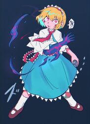 Rule 34 | 1girl, @ @, alice margatroid, blonde hair, blue dress, blush stickers, bois de justice, brown footwear, capelet, commentary request, cookie (touhou), dies irae, dress, frilled hairband, frilled necktie, frilled sash, frills, full body, grey background, hair between eyes, hairband, highres, hinase (cookie), hita (hizokuseikogeki), holding, holding rock, long bangs, looking at viewer, mary janes, necktie, open mouth, red eyes, red hairband, red necktie, red sash, rock, sash, shinza bansho series, shoes, short hair, simple background, socks, solo, touhou, white capelet, white socks