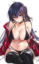 1girl ahoge alracoco azur_lane bare_shoulders bikini black_bikini black_thighhighs blush breasts cleavage closed_mouth collarbone crossed_bangs jacket large_breasts long_hair long_sleeves looking_at_viewer navel official_alternate_costume one_side_up red_jacket sitting smile swimsuit taihou_(enraptured_companion)_(azur_lane) thighhighs thighs