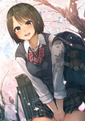 Rule 34 | 1girl, :d, absurdres, bad id, bad pixiv id, bag, bag charm, between legs, black skirt, blue sky, blurry, blurry background, blush, brick wall, brown eyes, brown hair, charm (object), cherry blossoms, chromatic aberration, collared shirt, commentary, day, depth of field, dutch angle, flower, hair ornament, hairclip, hand between legs, highres, long sleeves, no parking sign, open mouth, original, outdoors, pink flower, plaid, plaid skirt, pleated skirt, rerrere, revision, school bag, school uniform, shirt, skirt, sky, smile, solo, stuffed animal, stuffed toy, sweater vest, teddy bear, teeth, tree, upper teeth only, white shirt