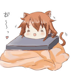 Rule 34 | 10s, 1girl, :d, = =, animal ears, brown hair, cat ears, cat tail, chibi, darkside, fang, hair ornament, hairclip, heart, ikazuchi (kancolle), kantai collection, kemonomimi mode, kotatsu, open mouth, short hair, simple background, smile, solo, table, tail, under kotatsu, under table, white background