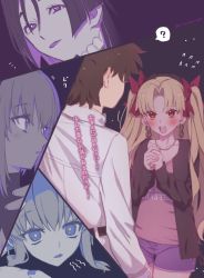 Rule 34 | 1boy, 4girls, ?, blonde hair, blush, brown hair, casual, chaldea uniform, clothes writing, commentary request, dark skin, dark-skinned female, earrings, ereshkigal (fate), fate/grand order, fate (series), flying sweatdrops, fujimaru ritsuka (male), hair between eyes, hair ornament, hair ribbon, own hands clasped, hassan of serenity (fate), highres, jacket, jewelry, kiyohime (fate), long hair, long sleeves, minamoto no raikou (fate), mitsurugi sugar, multiple girls, necklace, open mouth, own hands together, purple eyes, purple hair, red eyes, ribbon, short hair, short shorts, shorts, sweatdrop, translated, twintails, watermark