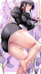 Rule 34 | 1girl, arm guards, ass, barefoot, bleach, blue eyes, blunt bangs, breasts, choker, daraz, feet, floral background, flower, highres, japanese clothes, kimono, kurotsuchi nemu, large breasts, long hair, long sleeves, looking at viewer, low ponytail, obi, ponytail, purple flower, purple hair, sash, short kimono, soles, solo, thighs