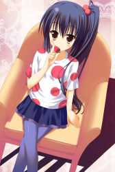 Rule 34 | 1girl, black hair, blue pantyhose, brown eyes, chair, couch, food, from above, fruit, k-on!, listen!!, long hair, nakano azusa, pantyhose, polka dot, saeki nao, side ponytail, sitting, solo, strawberry