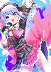 Rule 34 | 1girl, absurdres, arm up, ascot, belt, beret, black gloves, blue eyes, blue hair, blue nails, blush, brooch, commentary request, earrings, fingernails, frills, gloves, hat, highres, holding, holding microphone, hololive, hoshimachi suisei, hoshimachi suisei (1st costume), jewelry, long sleeves, looking at viewer, microphone, nail polish, open mouth, partially fingerless gloves, plaid, plaid headwear, shinomiya shino (sinosino141), solo, star (symbol), star brooch, star earrings, thigh strap, thighhighs, virtual youtuber