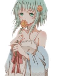 Rule 34 | 1girl, breasts, covering own mouth, flower, green eyes, green hair, gumi, hair flower, hair ornament, hiro (hirohiro31), holding, holding flower, matching hair/eyes, medium breasts, short hair, simple background, smelling flower, solo, vocaloid, white background