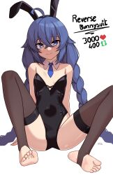 absurdres ahoge animal_ears arm_support bare_shoulders barefoot black_thighhighs blue_necktie blush braid breasts cleavage crossed_bangs detached_collar english_text fake_animal_ears full_body highres leotard like_and_retweet long_braid looking_at_viewer meme mushoku_tensei necktie on_ground playboy_bunny purple_hair rabbit_ears roxy_migurdia signature simple_background smile spread_legs stirrup_legwear thighhighs toeless_legwear twin_braids twitter_strip_game_(meme) white_background x_xith_x