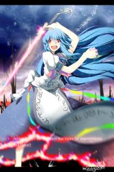 Rule 34 | 1girl, :d, absurdres, bad id, bad pixiv id, blue hair, dress, english text, engrish text, female focus, food, fruit, highres, hinanawi tenshi, holding, letterboxed, long hair, minagokoro, no headwear, no headwear, open mouth, peach, ranguage, red eyes, signature, smile, solo, sword of hisou, touhou