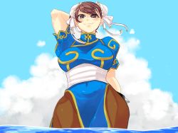 Rule 34 | 1girl, arm behind head, arm up, bad id, bad pixiv id, blue dress, blue sky, blush, bracelet, breasts, brown eyes, brown hair, bun cover, capcom, china dress, chinese clothes, chun-li, cloud, day, double bun, dress, female focus, from below, gradient background, hair bun, hair ribbon, highres, jewelry, large breasts, pantyhose, pelvic curtain, ribbon, sash, shakata (syakatan), short hair, sky, smile, solo, spiked bracelet, spikes, street fighter, wading, water