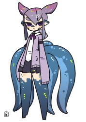 Rule 34 | 1girl, absurdres, black skirt, blue skin, cephalopod eyes, collared shirt, colored skin, full body, hair ornament, hairclip, highres, hood, hood down, hooded jacket, hz ebfry, jacket, looking at viewer, monster girl, multicolored skin, neckerchief, original, pleated skirt, pointy ears, purple eyes, purple hair, purple jacket, purple neckerchief, shirt, skirt, sleeves past fingers, sleeves past wrists, solo, tentacle hair, tentacles, thick eyebrows, white background, white shirt