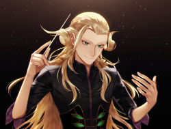 Rule 34 | 1boy, conductor baton, blonde hair, conductor, fate/grand order, fate (series), green eyes, long hair, male focus, sindri, sleeves rolled up, solo, upper body, wolfgang amadeus mozart (fate)