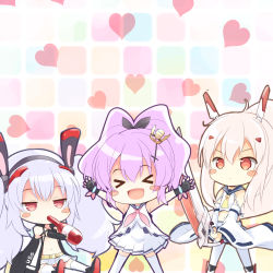 Rule 34 | &gt; &lt;, 3girls, :d, animal ears, armpits, ascot, ayanami (azur lane), azur lane, bikini, bikini top only, black gloves, blush stickers, bottle, checkered background, chibi, commentary request, crown, curly hair, detached sleeves, drinking, elbow gloves, fake animal ears, fingerless gloves, gloves, hair ornament, hair ribbon, hairband, hairclip, hairpin, half-closed eyes, headgear, heart, heart background, highres, holding, holding sword, holding weapon, javelin (azur lane), laffey (azur lane), laffey (retrofit) (azur lane), long hair, midriff, mini crown, multiple girls, navel, open mouth, outstretched arms, pleated skirt, ponytail, purple hair, rabbit ears, red eyes, retrofit (azur lane), ribbon, school uniform, serafuku, simple background, sitting, skirt, smile, spread arms, swimsuit, sword, tenjou ryuka, thighhighs, twintails, weapon, white bikini, white hair, white legwear, wide sleeves, xd, zettai ryouiki