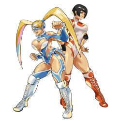 Rule 34 | 2girls, asymmetrical bangs, black hair, blonde hair, blue eyes, blue leotard, boots, breasts, cleavage, cleavage cutout, clothing cutout, domino mask, hair pulled back, heart cutout, highres, large breasts, leotard, long hair, mask, multiple girls, rainbow mika, sep rina, short hair, shoulder cutout, smile, standing, street fighter, street fighter v, toned, twintails, white background, white footwear, wrestling mask, wrestling outfit, yamato nadeshiko (street fighter)