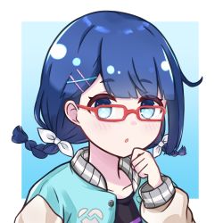 Rule 34 | 1girl, :o, black shirt, blue background, blue eyes, blue hair, blush, border, bow, braid, clenched hand, collarbone, commentary request, glasses, hair bow, hair ornament, hand up, iwamotochou geinousha, ixia (ixia424), jacket, letterman jacket, long sleeves, looking at viewer, marpril, open clothes, open jacket, outside border, red-framed eyewear, shirt, short hair, solo, twin braids, upper body, virtual youtuber, white border, white bow, yata touka