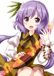 Rule 34 | 1girl, biwa lute, chain, collarbone, dress, flower, flower on head, hair ornament, highres, instrument, leaf hair ornament, long hair, long sleeves, looking at viewer, lute (instrument), music, musical note, open mouth, pink flower, playing instrument, purple eyes, purple hair, ruu (tksymkw), simple background, sitting, smile, solo, touhou, tsukumo benben, white background, yellow dress