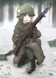 Rule 34 | 1girl, 506th parachute infantry regiment (us army), absurdres, artist name, boots, brown footwear, brown hair, gloves, green eyes, green gloves, green headwear, green jacket, gun, helmet, highres, holding, holding weapon, jacket, m1 garand, military, combat helmet, military uniform, open mouth, original, rifle, savankov, snow, snowing, solo, squatting, tree, uniform, united states army, weapon, winter, world war ii
