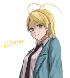 Rule 34 | 1girl, antenna hair, aqua eyes, artist request, black necktie, blonde hair, blue jacket, breasts, character name, closed mouth, collarbone, elrena, facing viewer, green eyes, happy, jacket, kingdom hearts, kingdom hearts unchained x, long sleeves, looking at viewer, medium breasts, medium hair, necktie, open clothes, open jacket, shirt, simple background, smile, solo, upper body, white background, white shirt