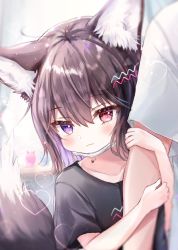 Rule 34 | 1boy, 1girl, animal ear fluff, animal ears, arm hug, black hair, black shirt, closed mouth, collarbone, commentary request, heart, height difference, heterochromia, highres, looking at viewer, mask, mask pull, mouth mask, multicolored hair, original, out of frame, purple eyes, purple hair, red eyes, rucaco, shirt, short hair, short sleeves, solo focus, tail, two-tone hair, upper body, wavy mouth, wolf ears, wolf girl, wolf tail