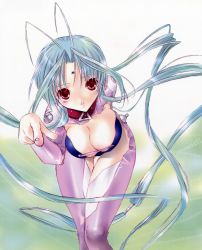 Rule 34 | 00s, aqua hair, breasts, cleavage, collar, dears, large breasts, long hair, pointing, red eyes, ren (dears), skin tight, solo, tattoo, very long hair