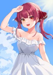 1girl absurdres blue_sky breasts dress heterochromia highres hololive houshou_marine large_breasts looking_at_viewer megurimegu off-shoulder_dress off_shoulder red_eyes red_hair sky sleeveless sleeveless_dress smile solo sunlight twintails upper_body virtual_youtuber white_dress yellow_eyes