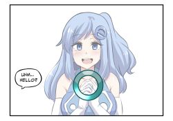 Rule 34 | 1girl, blue hair, blush, breasts, comic, english text, gloves, hair ornament, hairclip, highres, hinghoi, internet explorer, large breasts, loading screen, long hair, looking at viewer, one side up, open mouth, original, shiny skin, smile, solo, white gloves
