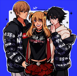 1girl 2boys absurdres amane_misa black_nails blonde_hair choker cross cross_necklace death_note drip_(meme) goth_fashion highres hood hoodie huyandere jewelry l_(death_note) maximum_the_hormone meme multiple_boys necklace short_twintails skirt smile supreme_(brand) twintails yagami_light