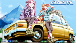Rule 34 | 2girls, ahoge, arm up, artist name, badeline, black pants, blue sky, blush, boots, brown footwear, brown hair, car, celeste (video game), coat, colored sclera, copyright name, dated, day, del-chan, highres, long hair, looking away, madeline (celeste), motor vehicle, mountain, multiple girls, open mouth, outdoors, pants, purple hair, red eyes, red sclera, sitting, sky, smile, standing, twitter username, vehicle focus, very long hair, wallpaper