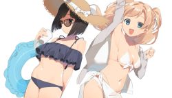 Rule 34 | 2girls, 2l (2lsize), :d, arm up, armpits, bikini, black bikini, black eyes, black hair, blue eyes, breasts, choker, drinking, drinking straw, dutch angle, hair ribbon, hat, highres, innertube, jacket, light brown hair, long hair, medium breasts, multi-strapped bikini, multiple girls, open clothes, open jacket, open mouth, original, ribbon, sarong, short hair, simple background, small breasts, smile, straw hat, sun hat, sunglasses, swim ring, swimsuit, two side up, white bikini