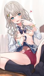 Rule 34 | 1girl, absurdres, alternate hair length, alternate hairstyle, amrita (amber78gou), black socks, blouse, blue eyes, blush, breasts, collared shirt, commentary request, grey hair, highres, idolmaster, idolmaster shiny colors, kneehighs, long hair, looking at viewer, nipples, open clothes, open mouth, open shirt, school uniform, serizawa asahi, shirt, small breasts, socks, solo, white shirt
