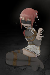Rule 34 | 1girl, arms behind back, bdsm, black background, blindfold, bondage, bound, breasts, female focus, femuto, full body, gag, gagged, highres, miniskirt, panties, sitting, skirt, small breasts, solo, tied, underwear