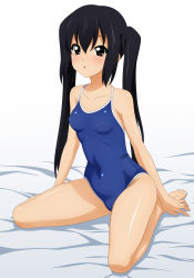 Rule 34 | 1girl, absurdres, black hair, blonde hair, blush, brown eyes, covered erect nipples, highres, k-on!, long hair, looking at viewer, nakano azusa, one-piece swimsuit, open mouth, solo, sugimura tomokazu, swimsuit, twintails, white background