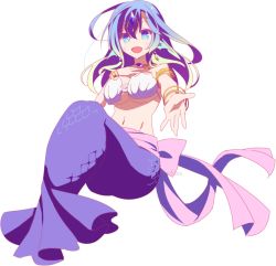 Rule 34 | 1girl, :d, bikini, bikini top only, blue eyes, blue hair, breasts, fins, fuchima, full body, hair ornament, hand on own chest, head fins, hip bones, laira (no game no life), large breasts, mermaid, monster girl, multicolored hair, no game no life, official style, open mouth, pink ribbon, ribbon, smile, swimsuit, transparent background