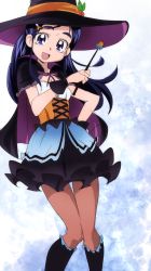 Rule 34 | 00s, 1girl, :d, blue eyes, blue hair, cape, capelet, futari wa precure, halloween, hand on own hip, hat, long hair, looking at viewer, matching hair/eyes, oimanji, open mouth, pantyhose, precure, sketch, skirt, smile, solo, witch hat, yukishiro honoka