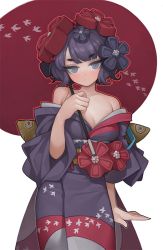 Rule 34 | 1girl, bare shoulders, blush, breasts, cleavage, collarbone, fate/grand order, fate (series), grey eyes, grey hair, hair ornament, holding, holding umbrella, japanese clothes, katsushika hokusai (fate), kimono, looking at viewer, medium hair, off shoulder, oil-paper umbrella, rabbit (wlsdnjs950), short eyebrows, simple background, solo, standing, umbrella, upper body, white background, wide sleeves