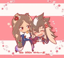 Rule 34 | animal ears, brown fur, brown hair, charm (object), dark-skinned female, dark-skinned male, dark skin, fire emblem, fire emblem awakening, fire emblem heroes, flower, fur-trimmed kimono, fur trim, hair around ear, japanese clothes, kimono, lmn3h, mother and son, multicolored hair, nintendo, official alternate costume, panne (fire emblem), panne (new year) (fire emblem), rabbit ears, red flower, two-tone hair, white hair, yarne (fire emblem), yarne (new year) (fire emblem)