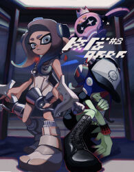 2girls agent_8_(splatoon) bandaged_arm bandages bare_shoulders baseball_cap black_dress black_footwear blue_hair bodysuit boots bracelet brown_hair closed_mouth commentary covered_navel cross-laced_footwear dedf1sh dress drone dual_wielding elevator english_commentary full_body gradient_hair green_skirt grey_eyes hair_over_one_eye hat headphones headphones_over_headwear highres holding holding_weapon jewelry ka1_(k4k37) lace-up_boots medium_hair multicolored_hair multiple_girls nintendo non-humanoid_robot octoling octoling_girl octoling_player_character order_dualies_(splatoon) parted_bangs pearl_drone_(splatoon) red-tinted_eyewear red_hair robot sanitized_(splatoon) skirt sleeveless sleeveless_bodysuit socks splatoon_(series) splatoon_3 splatoon_3:_side_order suction_cups sunglasses tentacle_hair tinted_eyewear two-tone_hair weapon white_bodysuit white_footwear white_socks