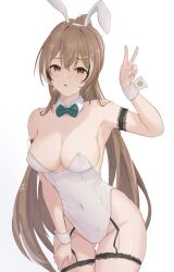 Rule 34 | 1girl, absurdres, animal ears, arm strap, bare hips, bare shoulders, bow, bowtie, breasts, brown eyes, brown hair, chyraliss, cleavage, contrapposto, covered navel, cowboy shot, detached collar, fake animal ears, garter straps, gluteal fold, hair between eyes, highleg, highleg leotard, highres, hololive, hololive english, leaning to the side, leotard, long hair, looking at viewer, medium breasts, multicolored hair, nanashi mumei, open mouth, playboy bunny, ponytail, rabbit ears, simple background, solo, streaked hair, thigh gap, thigh strap, v, very long hair, virtual youtuber, white background, white leotard, wrist cuffs