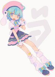 Rule 34 | 1girl, :o, absurdres, ahoge, animal ears, aqua hair, bandaid, bandaid on knee, bandaid on leg, beret, black footwear, blue bow, blue eyes, blue ribbon, bow, carrot, claw pose, collared shirt, daizu (melon-lemon), fang, fingerless gloves, footwear ribbon, full body, glove bow, gloves, gradient eyes, grey background, hair ornament, hairpin, hand up, hat, highres, invisible chair, layered skirt, looking at viewer, loose socks, multicolored eyes, muted color, neck ribbon, no nose, open mouth, original, pink hat, pink vest, puffy short sleeves, puffy sleeves, rabbit ears, rabbit tail, ribbon, shirt, shoes, short hair, short sleeves, simple background, sitting, skin fang, skirt, socks, solo, tail, v-shaped eyebrows, vest, white gloves, white shirt, white socks